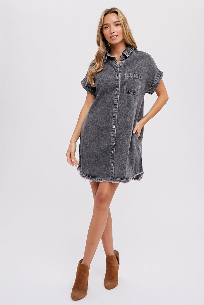 Gina Denim Shirt Dress - A timeless denim dress with a button-down front, waist-defining tie, and versatile roll-up sleeves for casual-chic elegance.