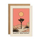 Happy Birthday card featuring a desert scene with a Joshua tree and a warm sunset.