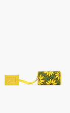 Yellow beaded wallet and card holder set with embroidered sunflower design and green leaf details.