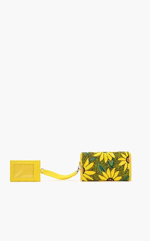 Yellow beaded wallet and card holder set with embroidered sunflower design and green leaf details.