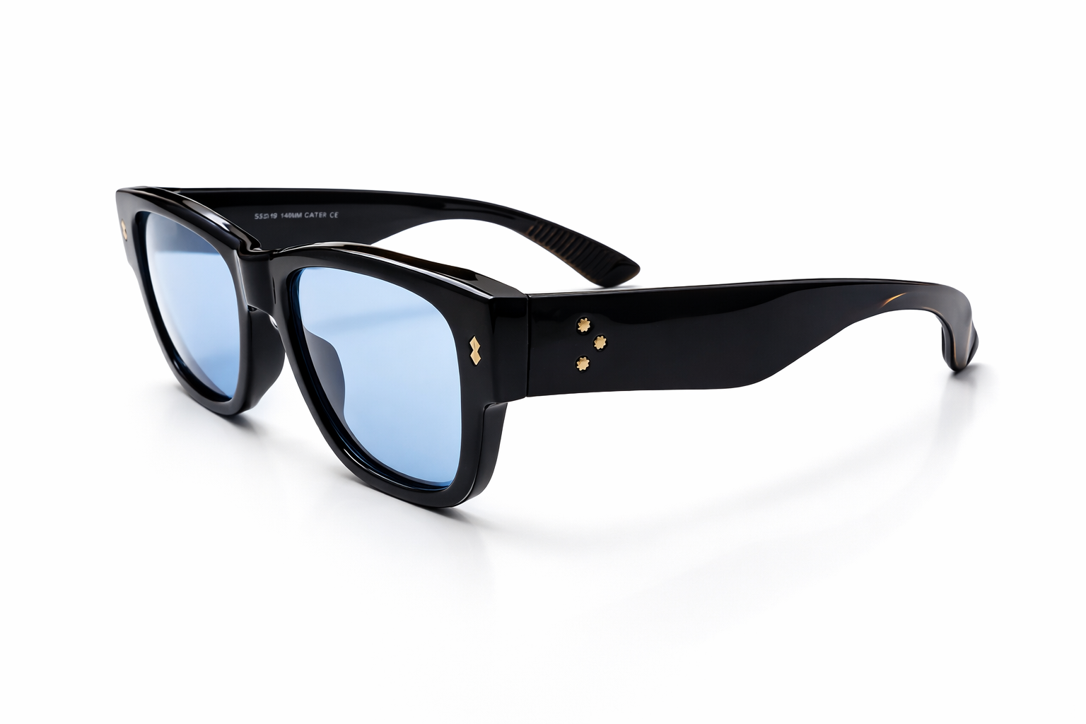 Black sunglasses with blue lenses on a white background