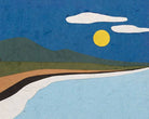 Simplified landscape with mountains, a sun, and water on a blue background