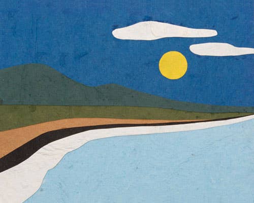 Simplified landscape with mountains, a sun, and water on a blue background