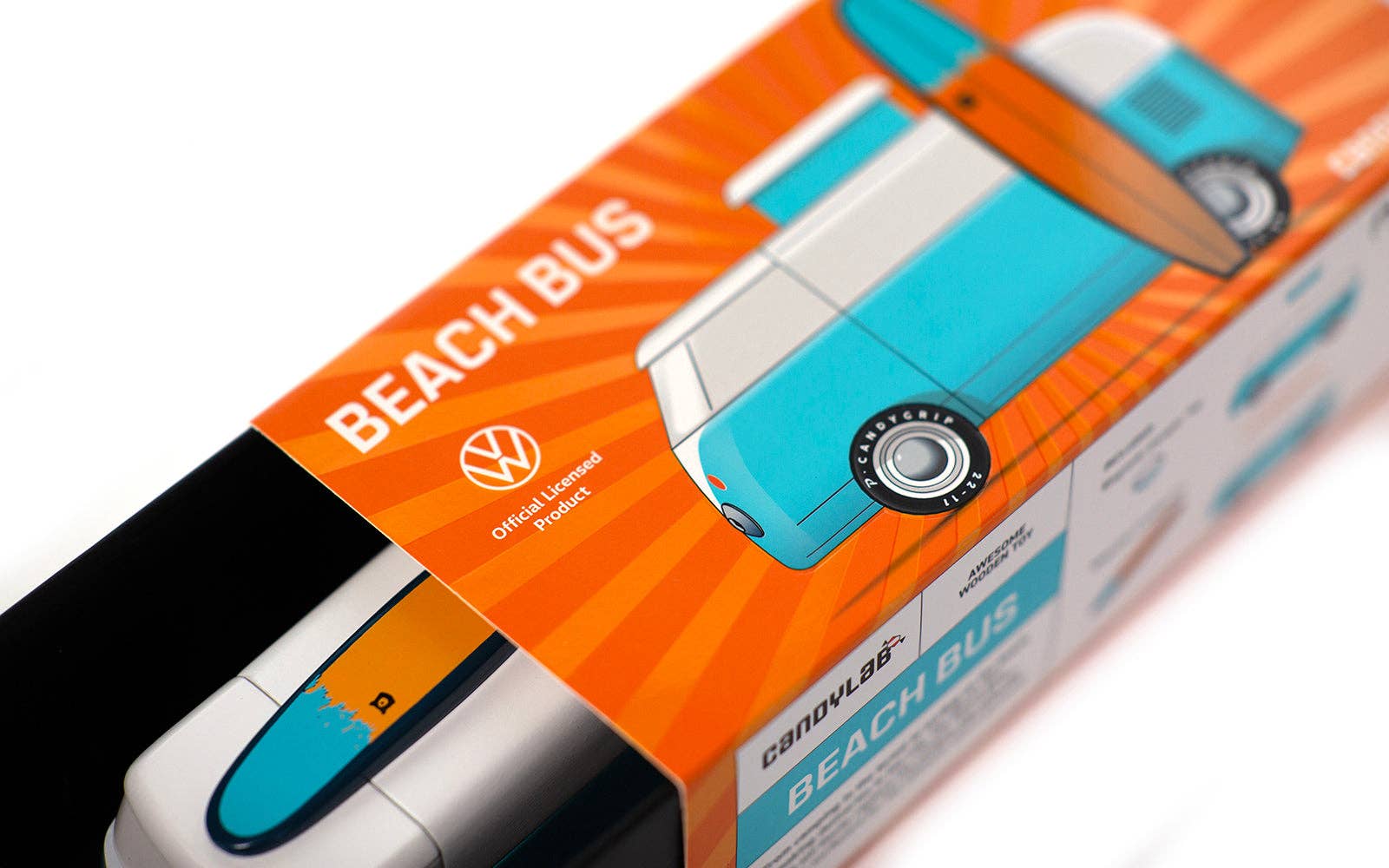 Volkswagen Beach Bus toy packaging with orange and blue design