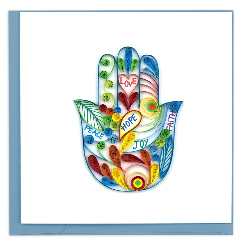 Colorful Hamsa hand with motivational words on a white background
