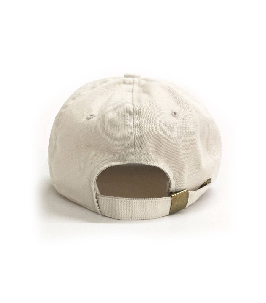 Beige baseball cap with embroidered whiskey glass and cigar design on the front.