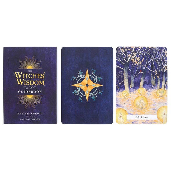 The Witches' Wisdom Tarot deck box featuring mystical blue and gold artwork with branches, a golden sunburst, and bold lettering.