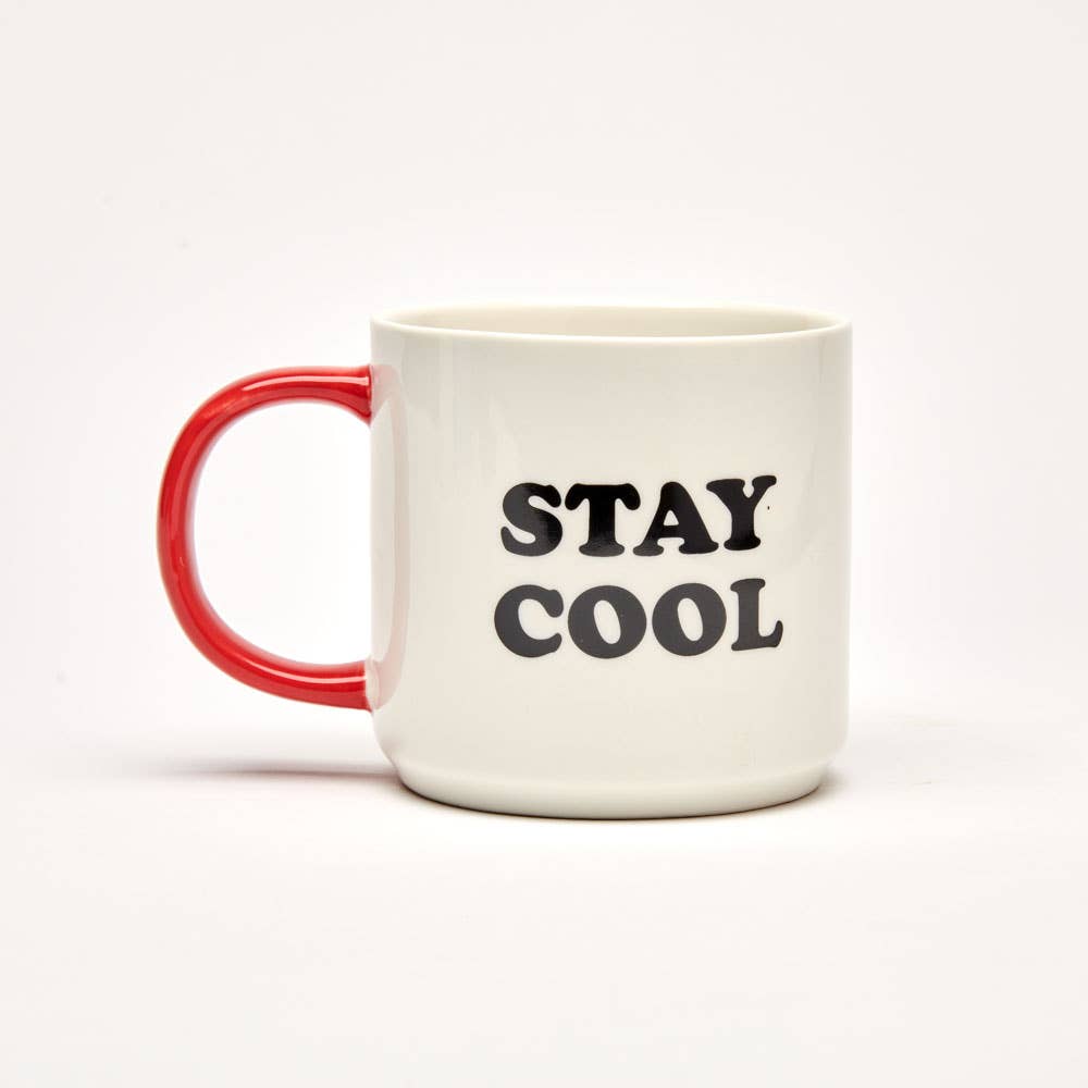 White ceramic mug with a red handle featuring a relaxed character in sunglasses and the phrase "Stay Cool" in bold lettering.