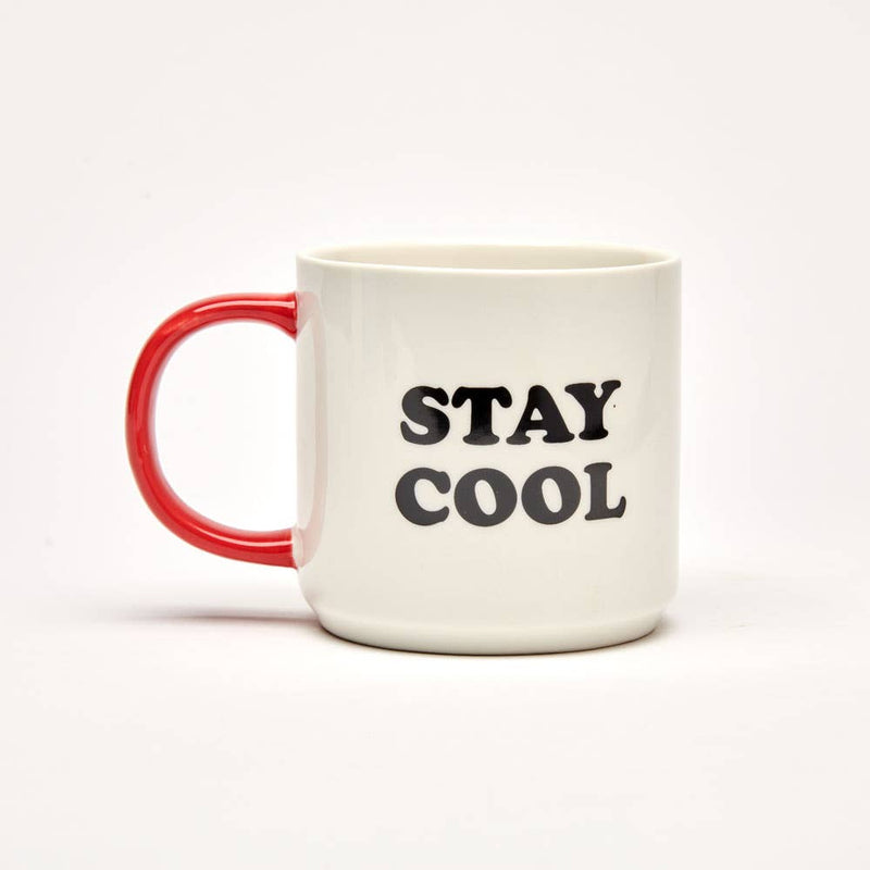 White ceramic mug with a red handle featuring a relaxed character in sunglasses and the phrase "Stay Cool" in bold lettering.