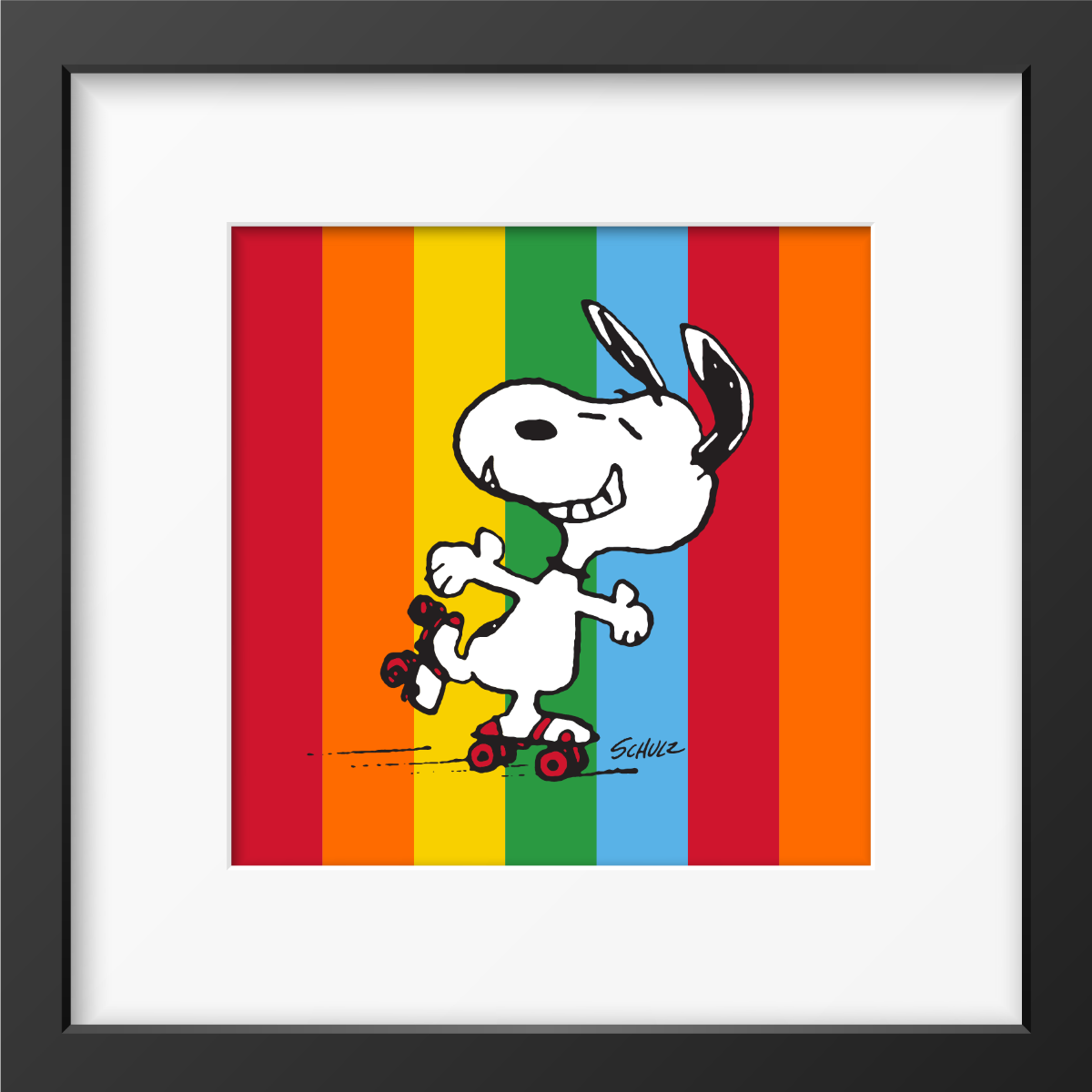Framed artwork of a cheerful cartoon dog roller-skating on a rainbow-striped background.