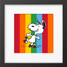 Framed artwork of a cheerful cartoon dog roller-skating on a rainbow-striped background.