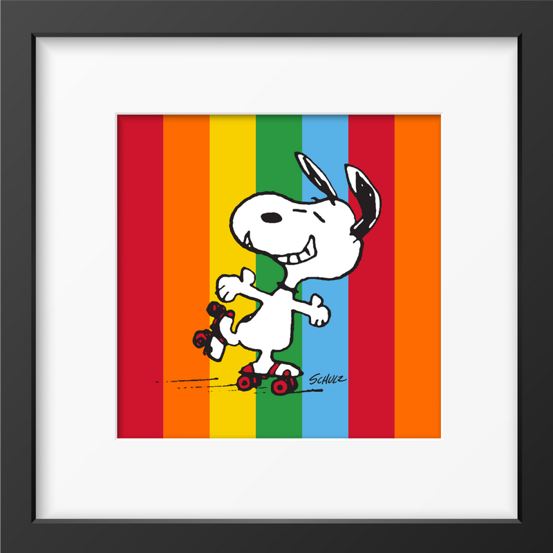 Framed artwork of a cheerful cartoon dog roller-skating on a rainbow-striped background.