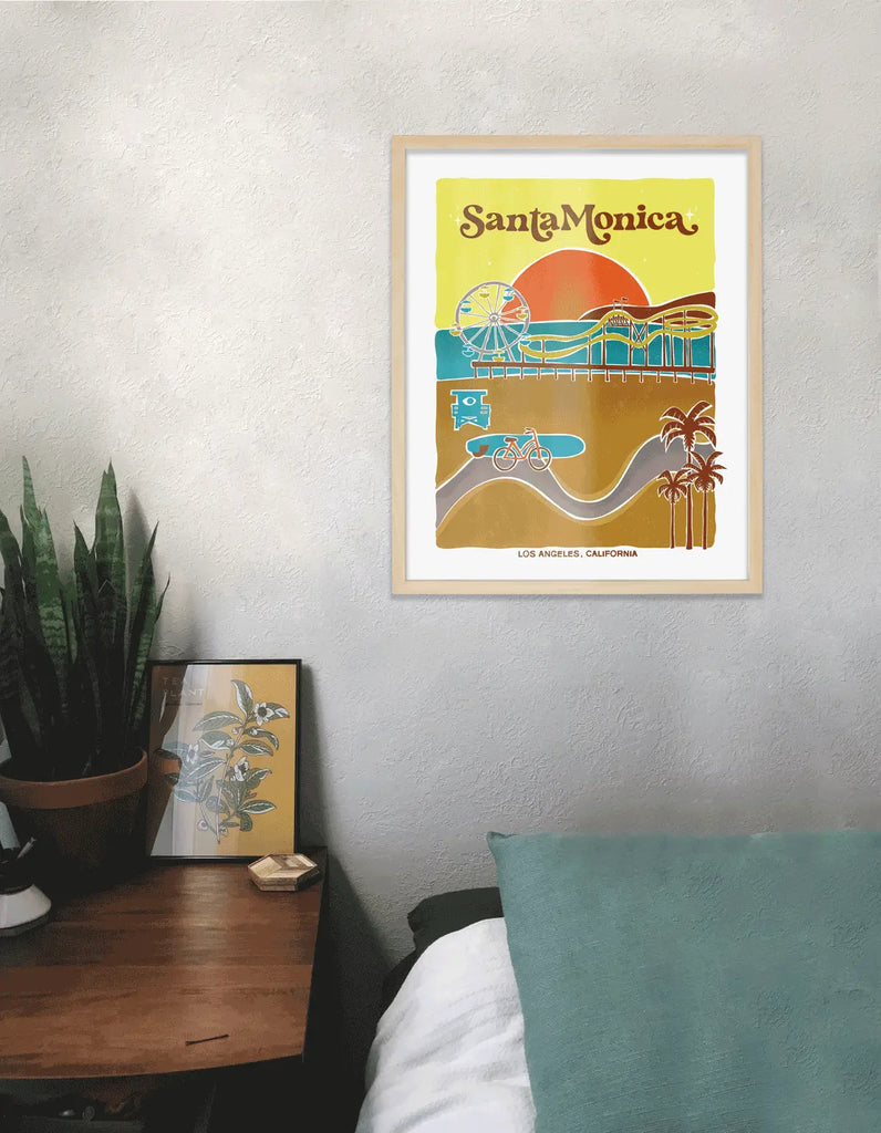 Artistic rendition of Santa Monica's lively pier, sun-drenched beaches, and coastal attractions, capturing its unmistakable charm.