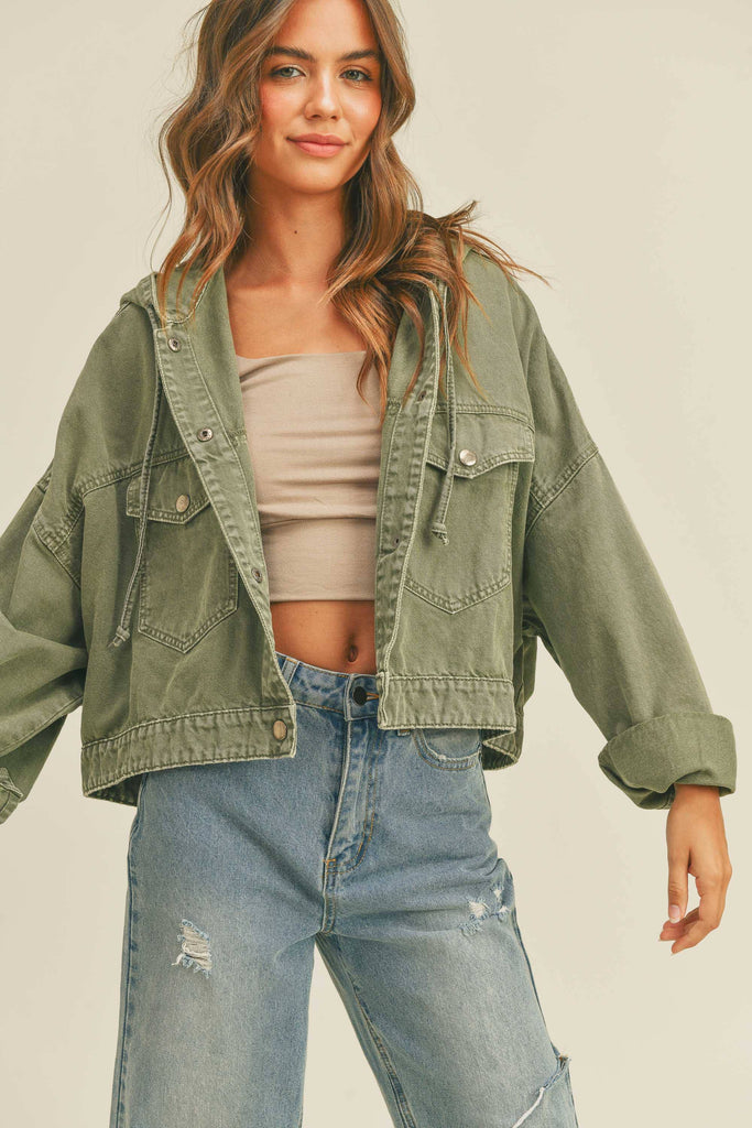 Grace Cotton Jacket with Hoodie in Olive Medium - Stylish and comfortable cotton jacket with hoodie.