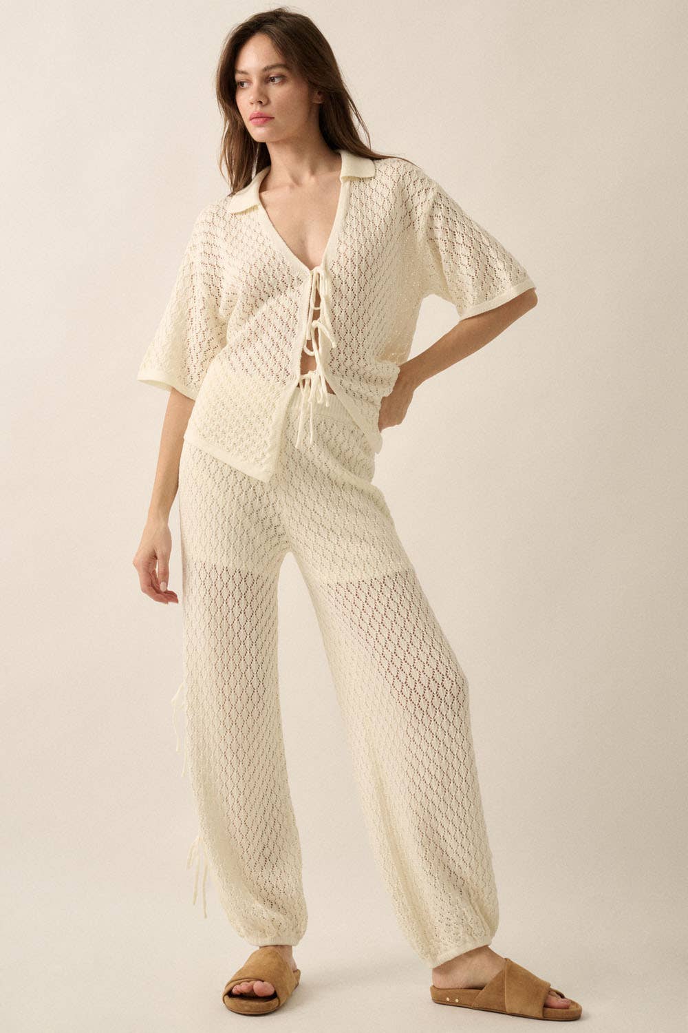 Pointelle Crochet-Knit Side-Tie Pants