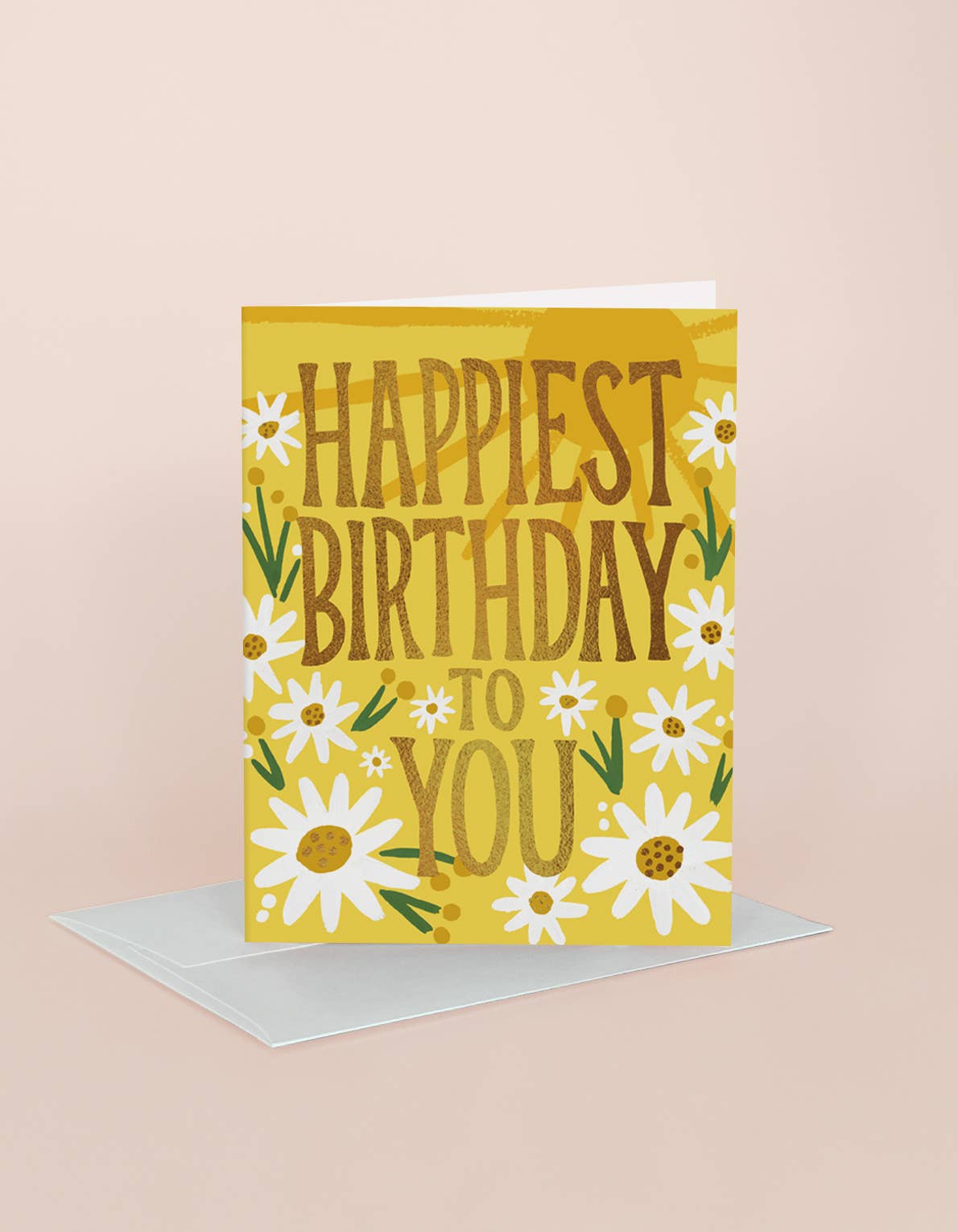 Birthday card with 'Happiest Birthday to You' text and daisy flowers on a yellow background