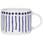 White mug with blue vertical lines on a white background