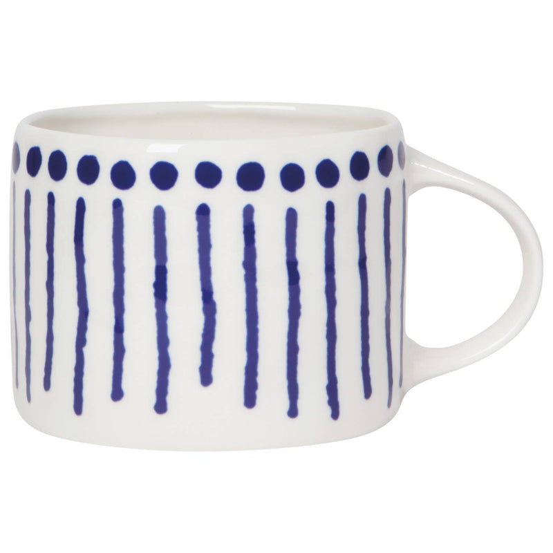 White mug with blue vertical lines on a white background