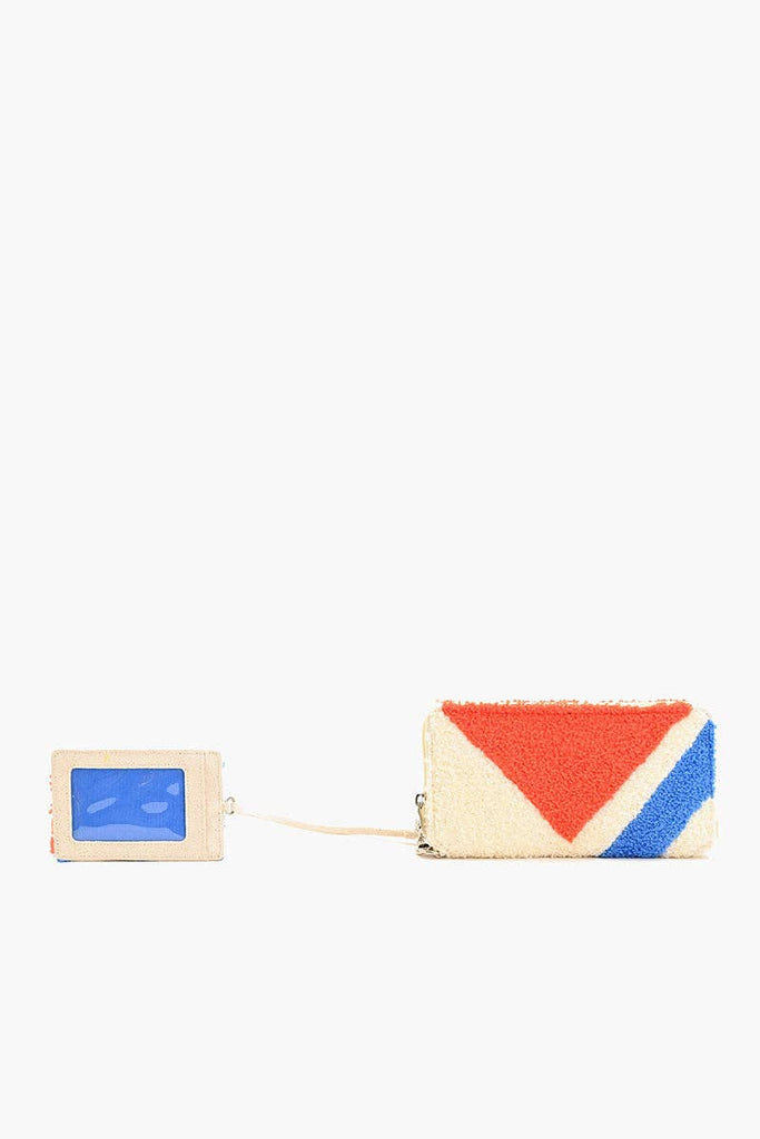 Beaded wallet and cardholder set with red, blue, and cream geometric design.
