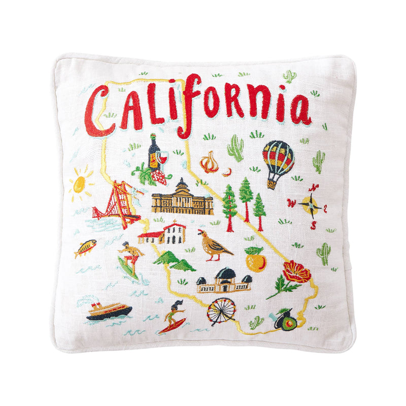 Square embroidered pillow featuring a colorful map of California with landmarks and symbols.
