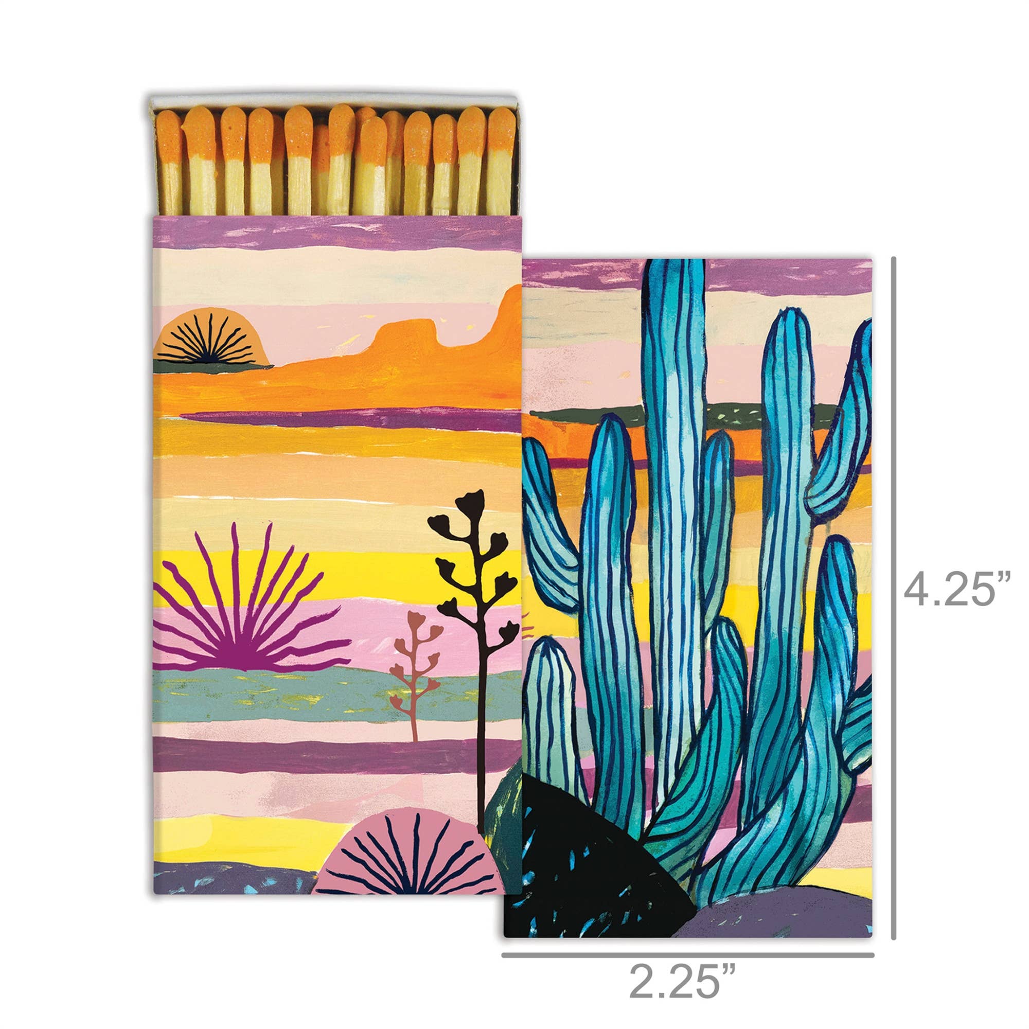 Matchbox with a colorful desert landscape illustration, featuring cacti and sunset-inspired tones.