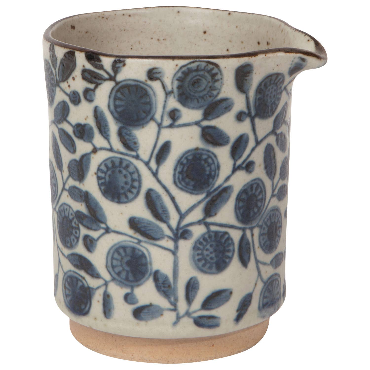 Ceramic pitcher with blue floral pattern on a white background