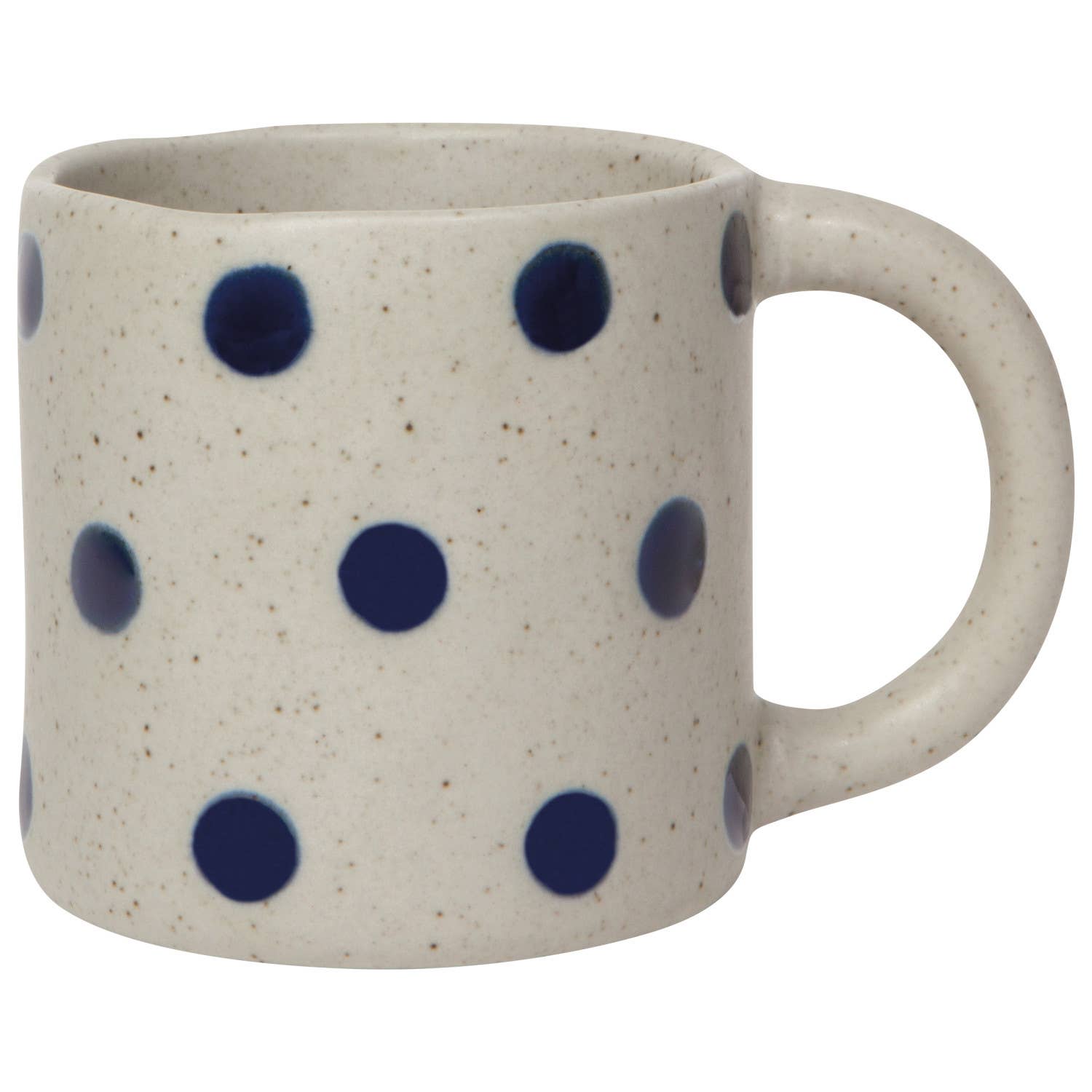 White mug with blue polka dots on a white background