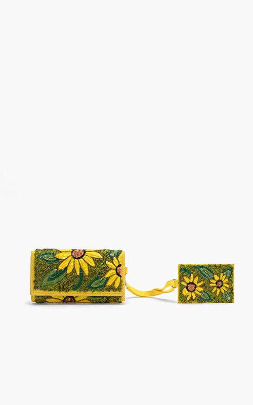 Yellow beaded wallet and card holder set with embroidered sunflower design and green leaf details.