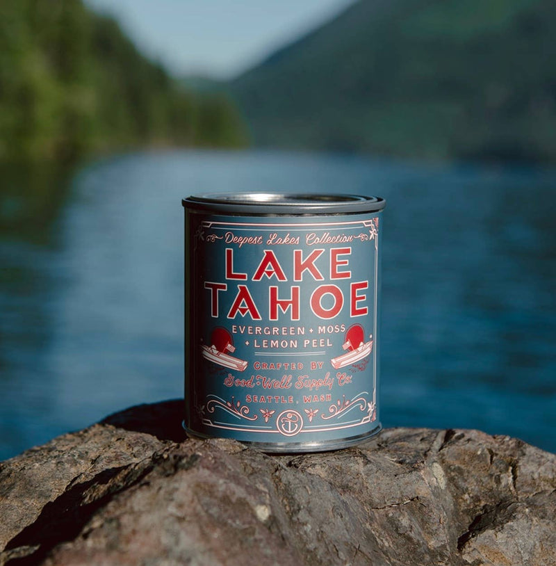 Lake Tahoe Candle: Handcrafted organic soy wax candle emitting a serene glow, epitome of natural tranquility.