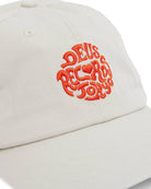 Beige cap with red embroidered logo on a white background
