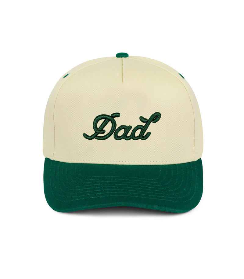 Beige and green cap with 'Dad' embroidery on a white background