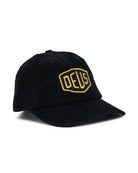 Black cap with gold logo on a white background