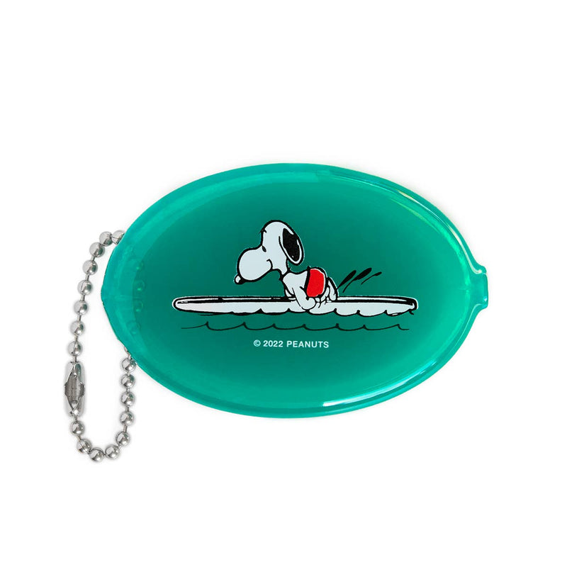 Peanuts® - Snoopy Surf Coin Pouch in teal with an illustration of Snoopy surfing on a wave, featuring a secure snap closure and attached ball chain.