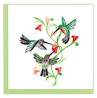 Decorative card with stylized hummingbirds and flowers on a white background