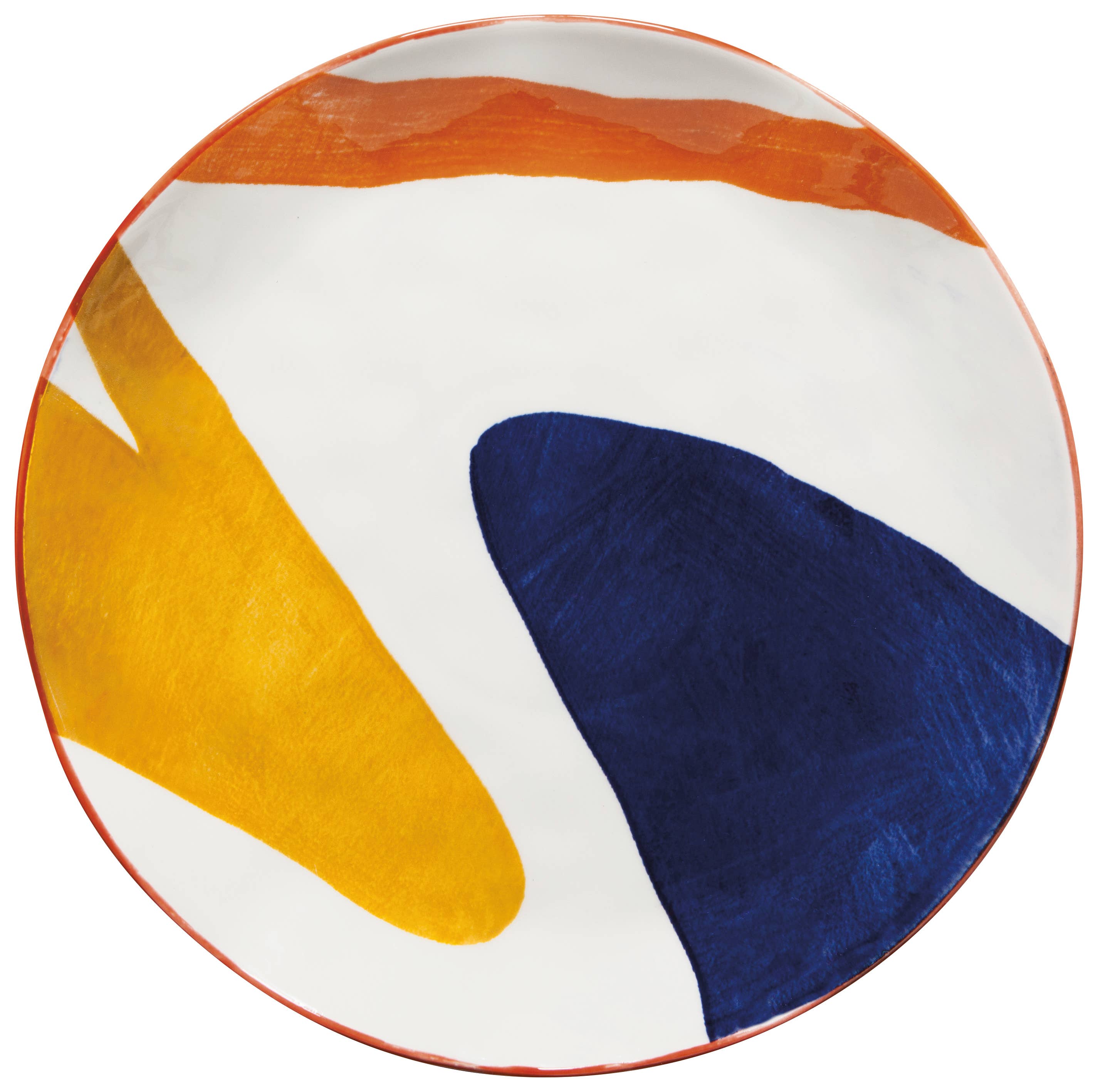 Canvas Stamped Plate with abstract mustard yellow, navy blue, and light blue patterns.