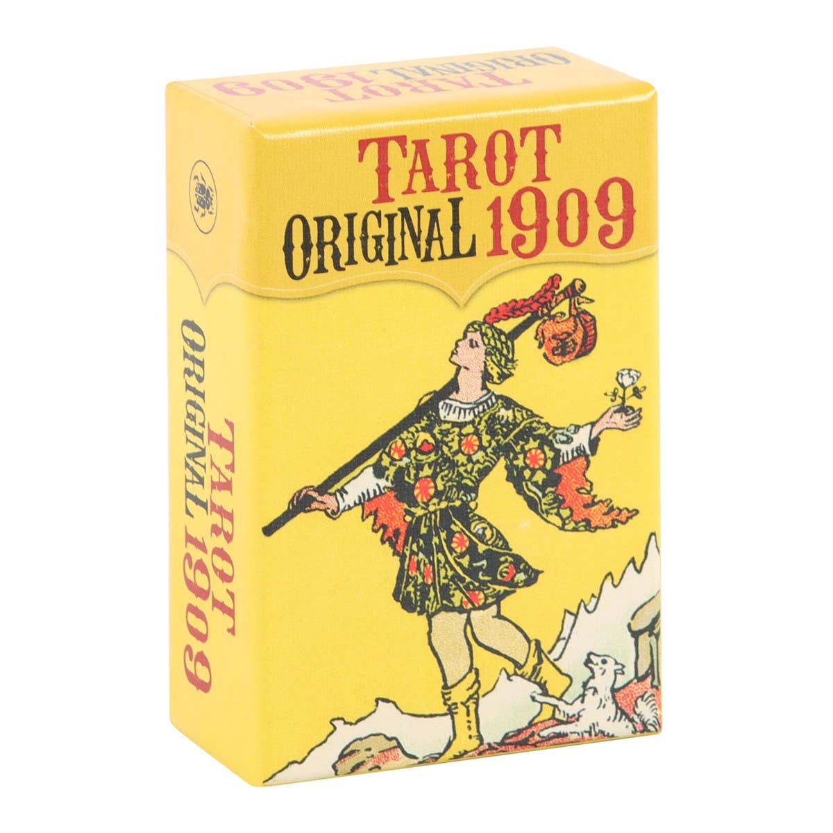 Yellow box of the Tarot Original 1909 deck featuring “The Fool” card artwork from the classic Rider-Waite-Smith tarot.