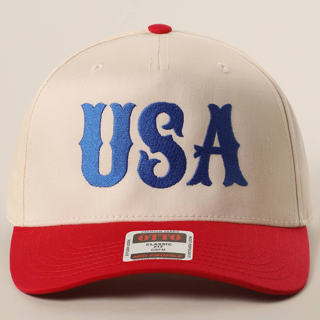 Beige and red cap with 'USA' embroidery on a beige background