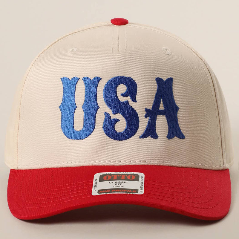 Beige and red cap with 'USA' embroidery on a beige background