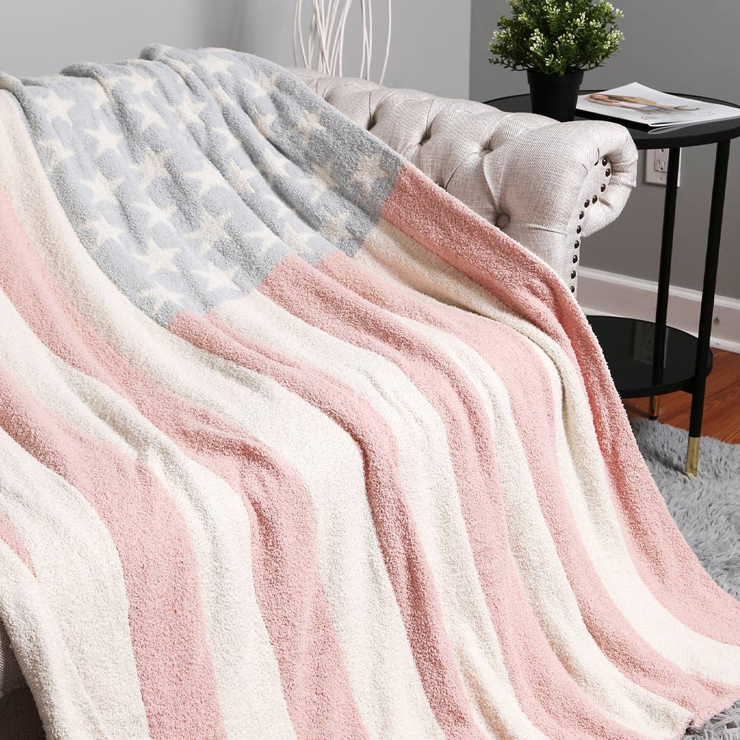 Multicolored striped blanket draped over a chair in a living room setting.