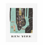 Framed New York City map print with hand-drawn landmarks, neighborhoods, and waterways in a vintage-inspired artistic style.