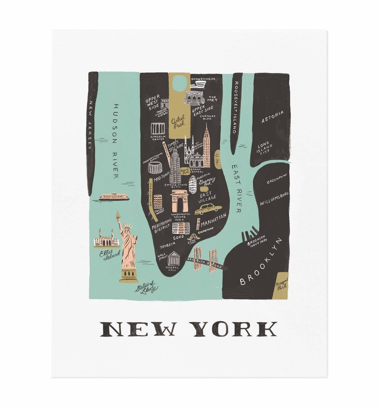 Framed New York City map print with hand-drawn landmarks, neighborhoods, and waterways in a vintage-inspired artistic style.