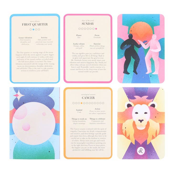 Your Cosmic Year astrology deck in bold orange, pink, and purple packaging with illustrated mirrored faces and celestial elements.