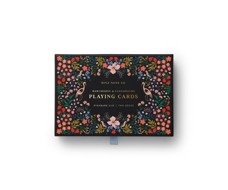 Playing card set with two floral-designed decks and gold accents in a decorative keepsake box.