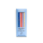 "Mother Knows Best" pencil set of six colorful pencils with mom-inspired quotes, packaged in a light blue box.