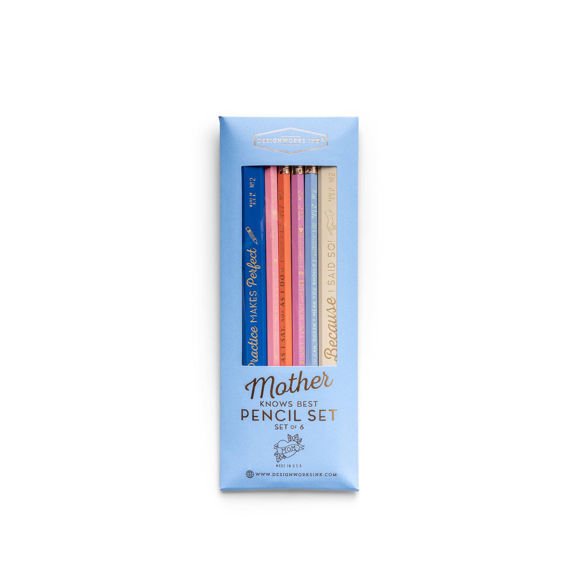 "Mother Knows Best" pencil set of six colorful pencils with mom-inspired quotes, packaged in a light blue box.