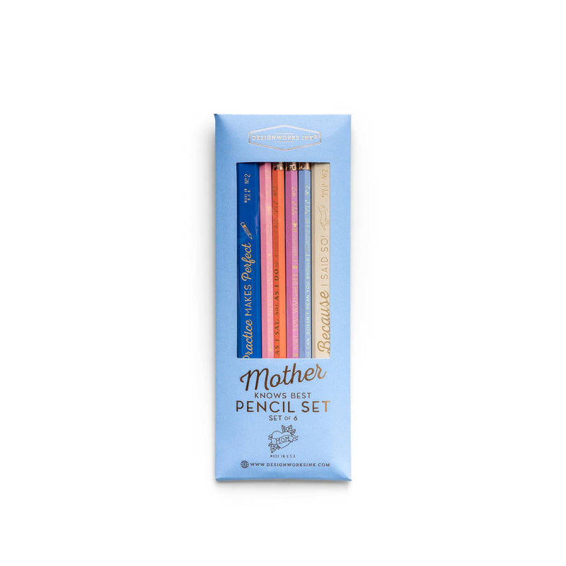 "Mother Knows Best" pencil set of six colorful pencils with mom-inspired quotes, packaged in a light blue box.