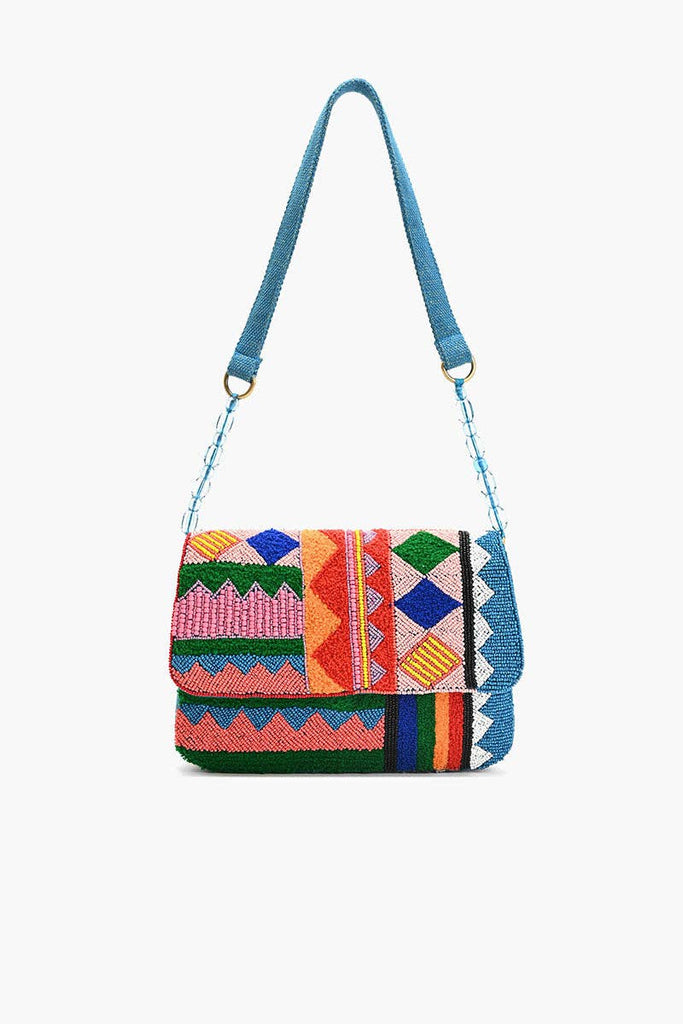 Colorful beaded shoulder bag with geometric patterns and a blue strap.