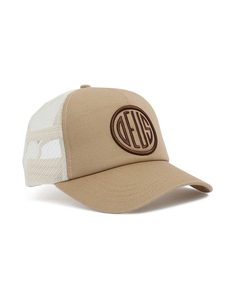 Beige and white cap with a brown logo on a white background