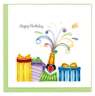 Colorful birthday card with gift boxes and streamers on a white background