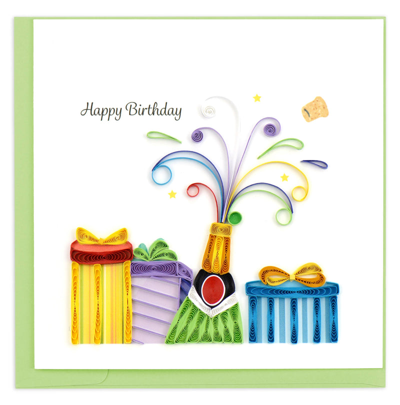 Colorful birthday card with gift boxes and streamers on a white background